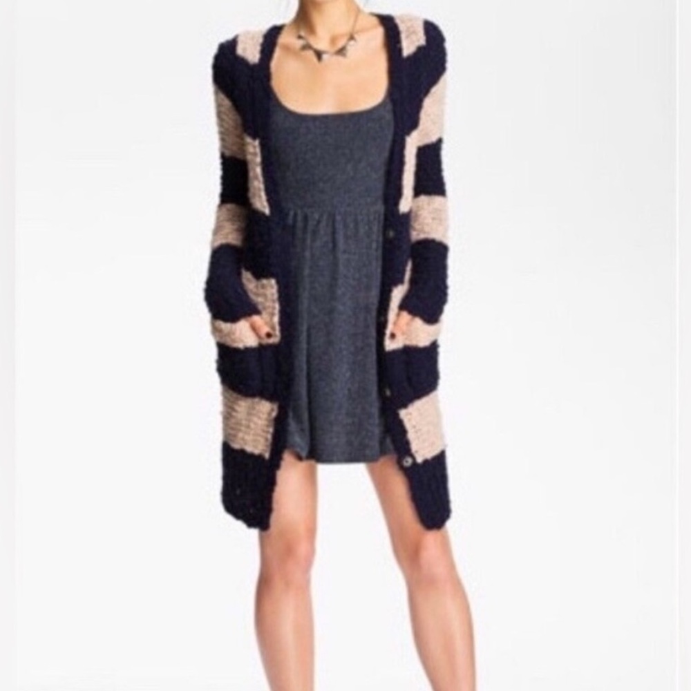 FREE PEOPLE Rugby Striped Chunky Bouclé Knit Long Cardigan Boho Cottage Size M - Picture 15 of 15